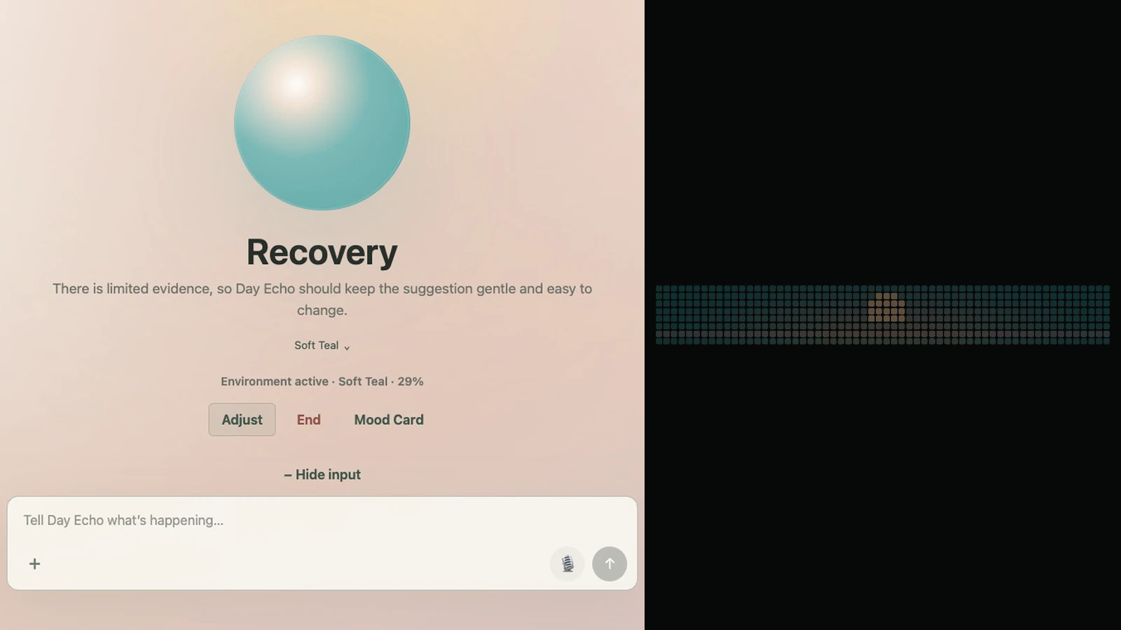 Day Echo image-input result: Recovery with Soft Teal, input composer and image/voice controls, beside the coordinated software matrix.