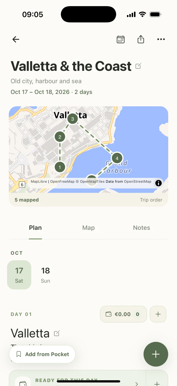 JourneyCraft Planner: Valletta itinerary with map, day rail, and saved ideas.
