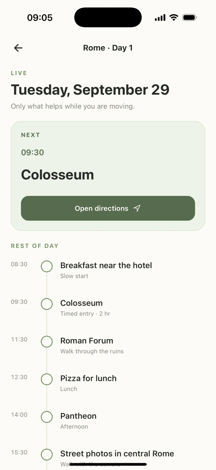 JourneyCraft Travel Day prioritizes the next item, Colosseum at 09:30, and the rest of the Rome itinerary.