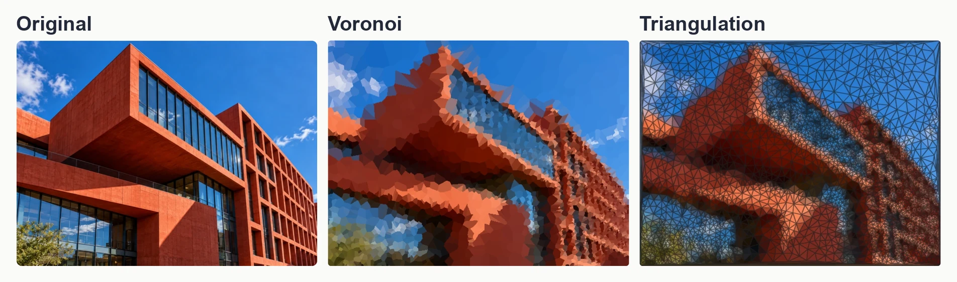 The same architectural image shown as Original, Voronoi regions, and colored Delaunay triangulation.