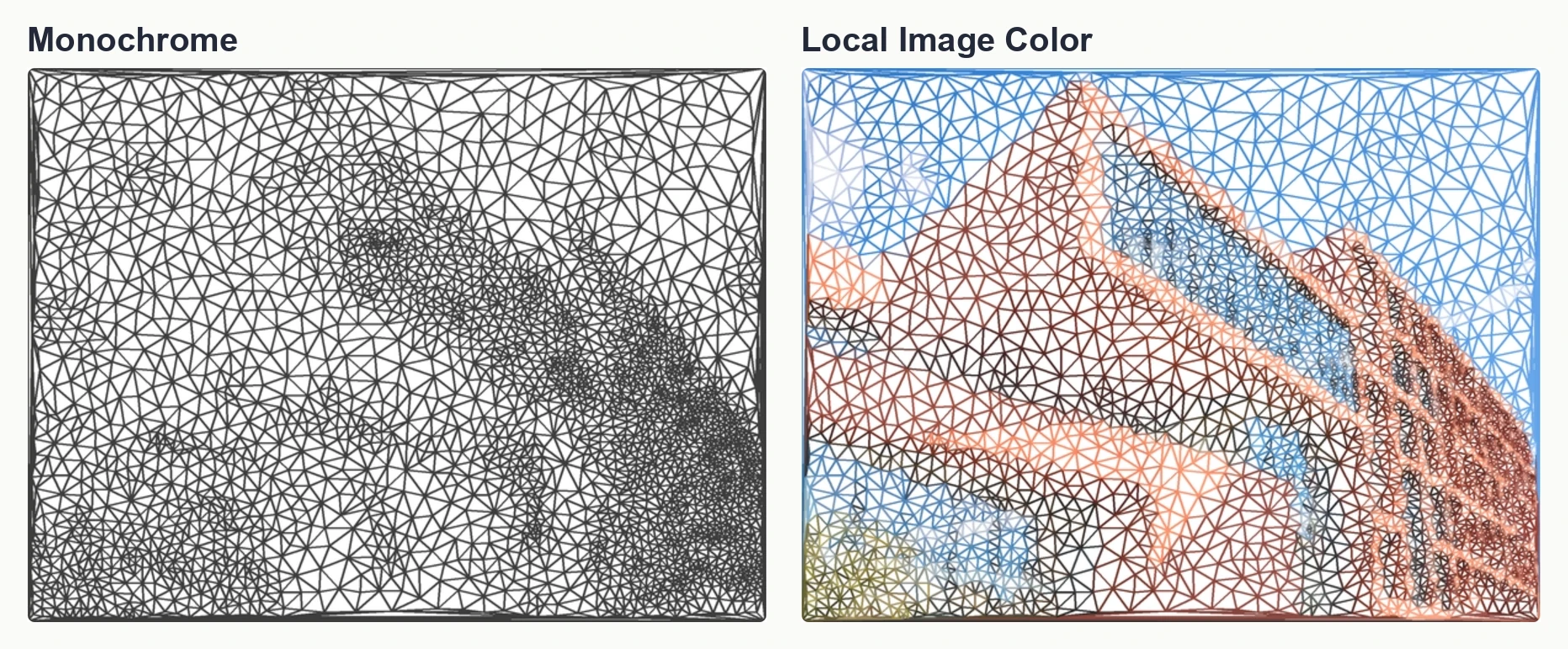 Actual Mesh Explorer comparison: monochrome triangle connections and connections colored from the local image, both with white interiors.