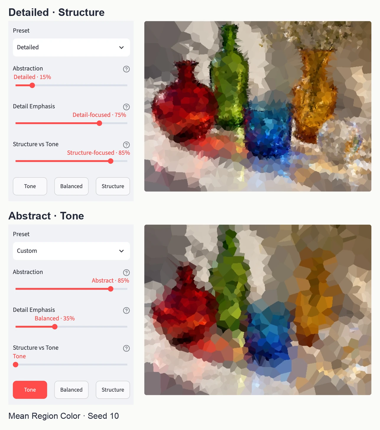 Genuine paired results and controls: Detailed/Structure at 15% abstraction, 75% detail, 85% structure; Abstract/Tone at 85%, 35%, 0%. Both use mean region color and seed 10.
