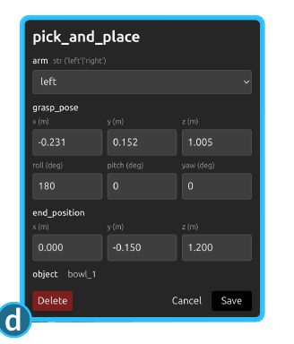 Published SHRIMP pick-and-place editor exposing arm, grasp pose, end position, and object parameters.