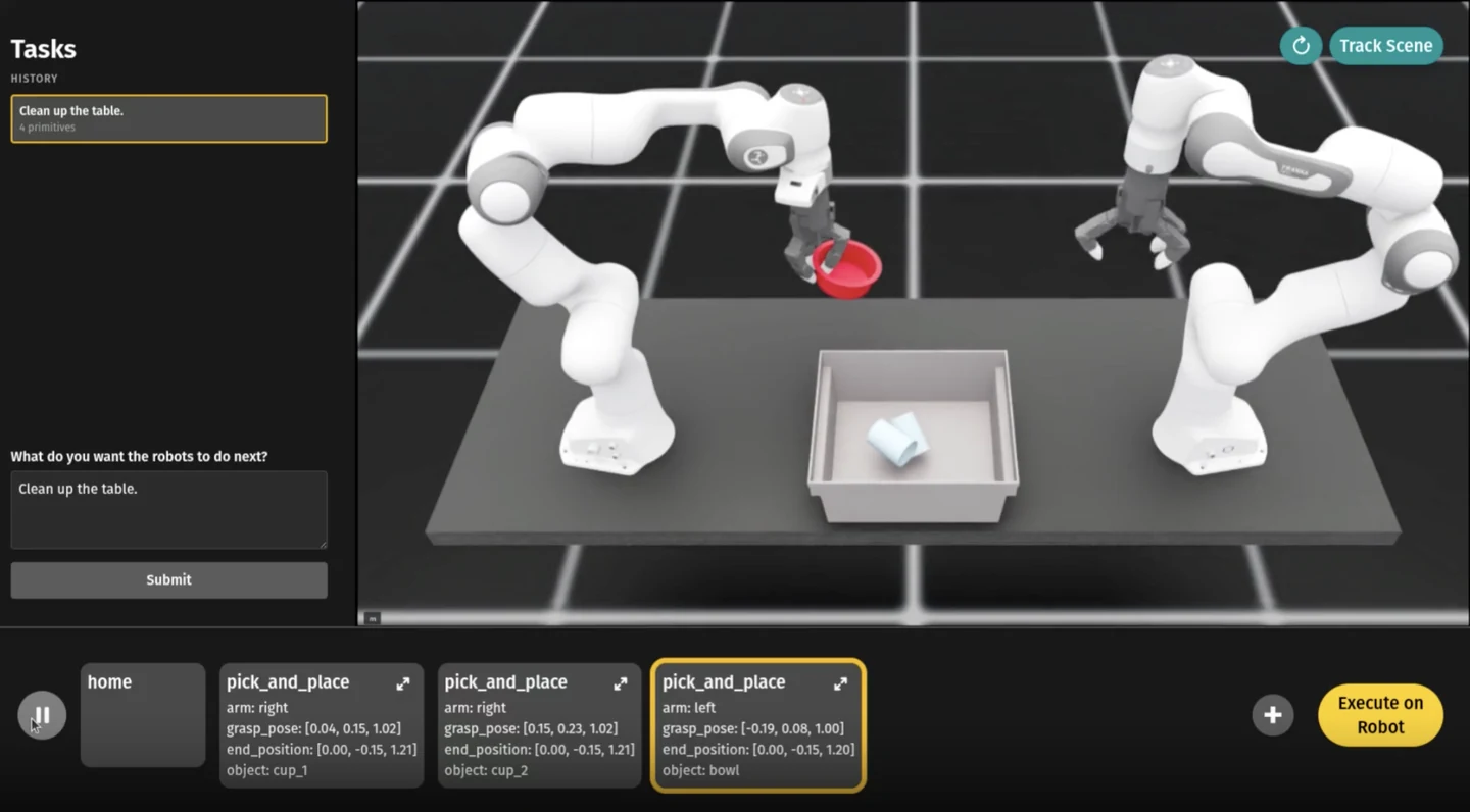 Actual SHRIMP interface with an editable primitive plan beside the simulated tabletop scene.