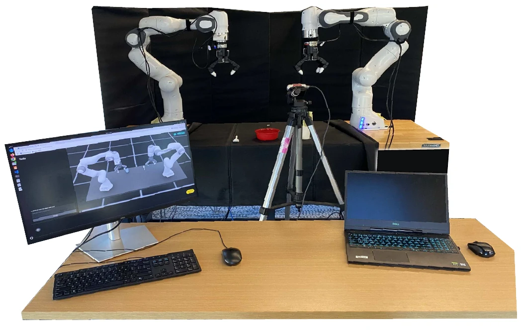 SHRIMP team study apparatus: two robot arms, RGB-D camera, and participant screens.